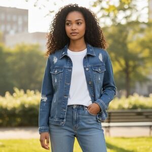 Vintage Bill Blass Jean‎ Jacket Women Medium Distressed Blue Denim Y2K 90's